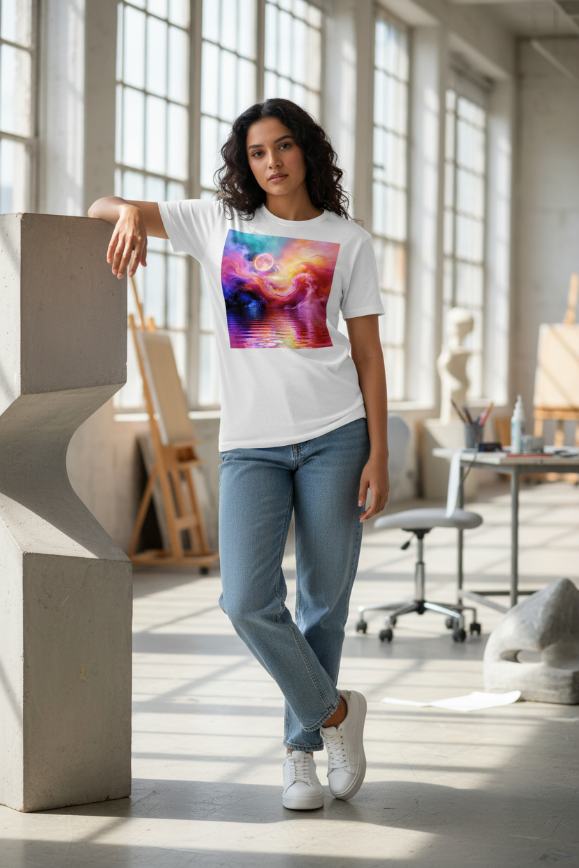 Cosmic Storm Unisex Tee in White — female lifestyle front view, abstract art print.