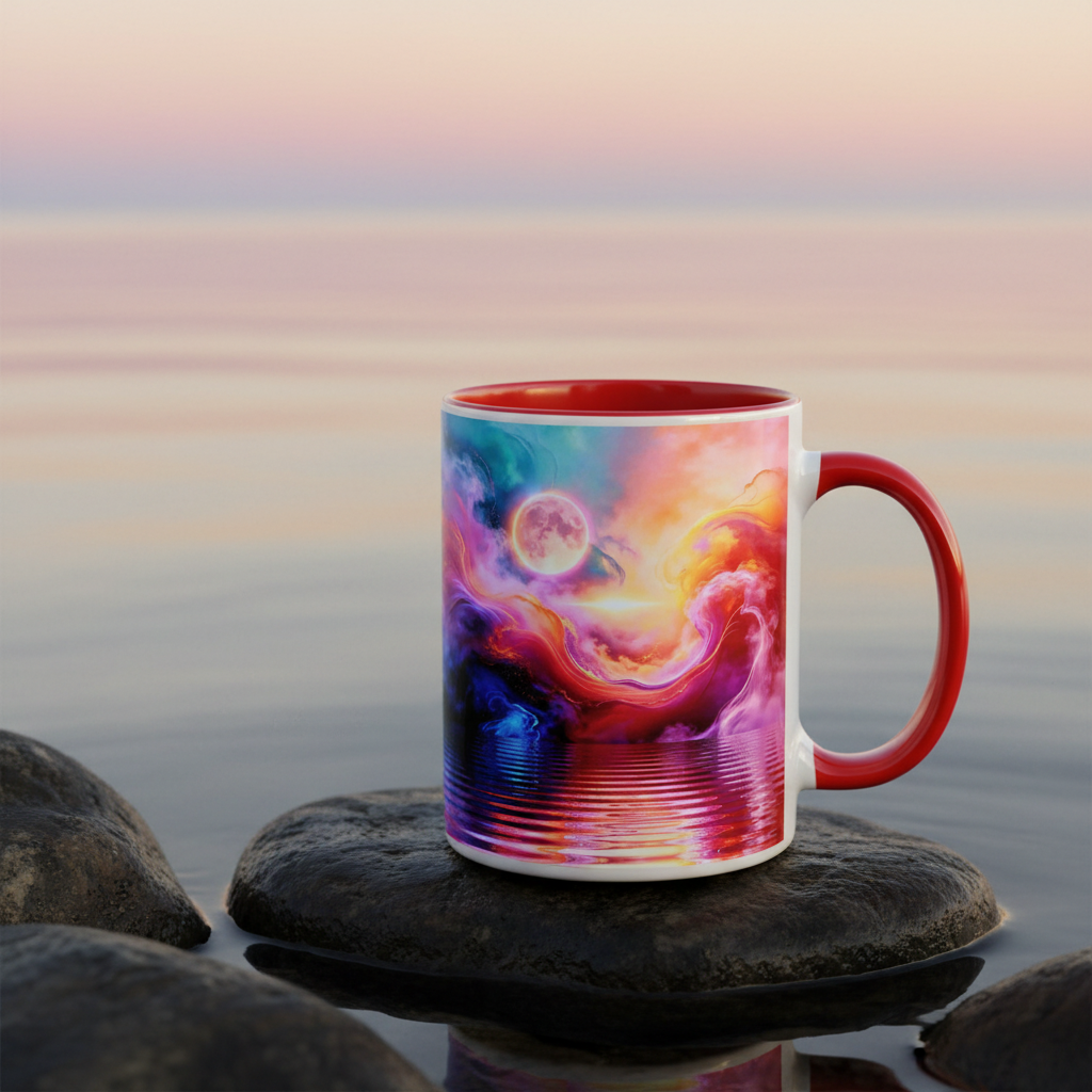 Cosmic Storm Mug lifestyle – white ceramic mug with red inside in moody atmospheric setting.
