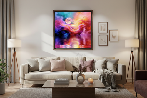 CosmicStorm abstract wall art poster in a dark wood float frame displayed as a large 24×24 inch statement piece above a cream sofa in a bright modern living room — Abstract Aura.
