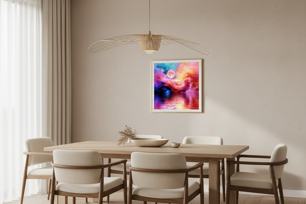 CosmicStorm abstract wall art poster in a white frame displayed on a warm neutral wall above a timber dining table in a modern Scandinavian dining room — Abstract Aura.