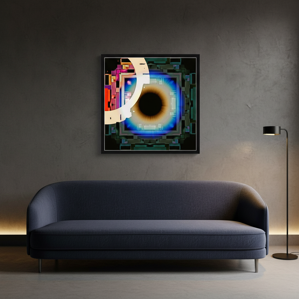 Cyber Eye abstract wall art poster in 16×16 inch black frame displayed in a modern living space — cyberpunk décor by Abstract Aura.