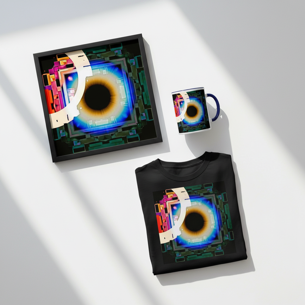 Cyber Eye Collection Bundle — abstract art poster, mug with blue colour inside, and black unisex tee styled together by Abstract Aura.