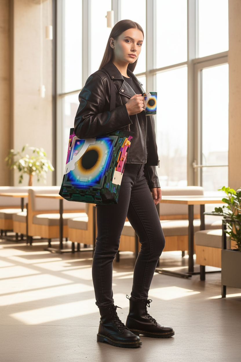 Woman with Cyber Eye abstract art tote bag over shoulder and latte mug in hand in bright modern café — Abstract Aura.