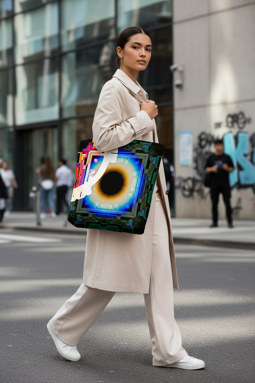 Woman carrying Cyber Eye all-over print tote bag in an urban setting — abstract art tote bag by Abstract Aura.