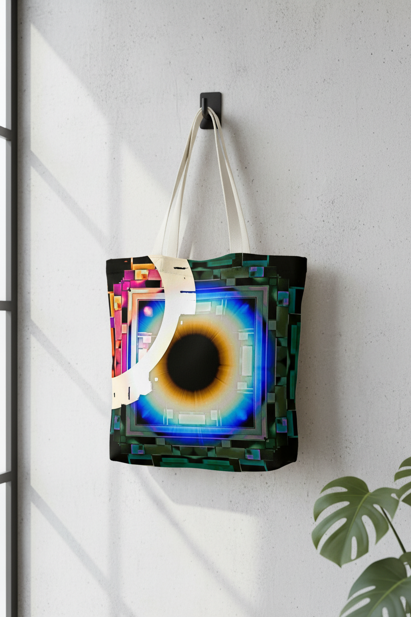 Cyber Eye all-over print tote bag hanging on a wall hook — abstract art tote bag by Abstract Aura.