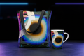 Cyber Eye Tote Bag and Latte Mug bundle displayed together on dark surface with neon lighting — Abstract Aura.