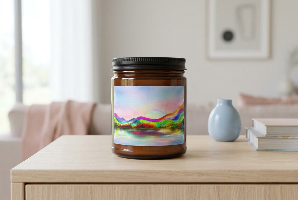 Dream Scape scented soy candle in an amber jar with black lid on a pale timber console in a bright living room.
