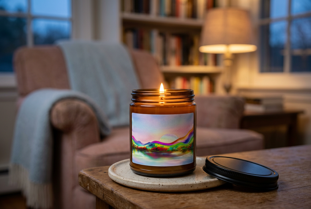 Dream Scape scented soy candle lit on a timber side table in a cosy reading nook with warm evening lighting.
