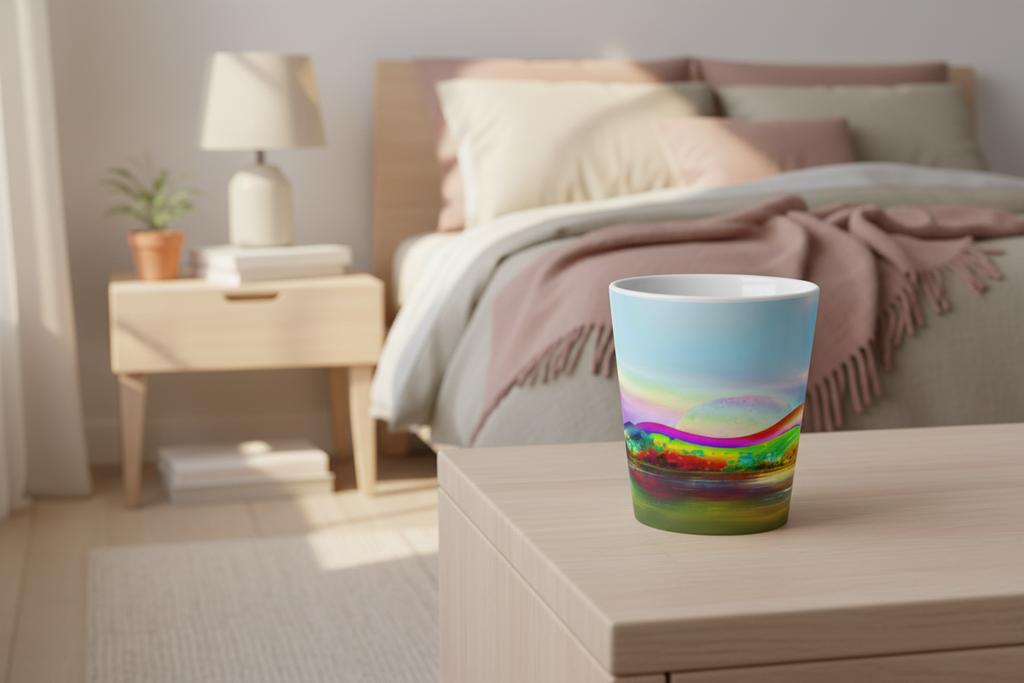 Dream Scape Latte Mug lifestyle – white ceramic cone mug in cosy bedroom setting.