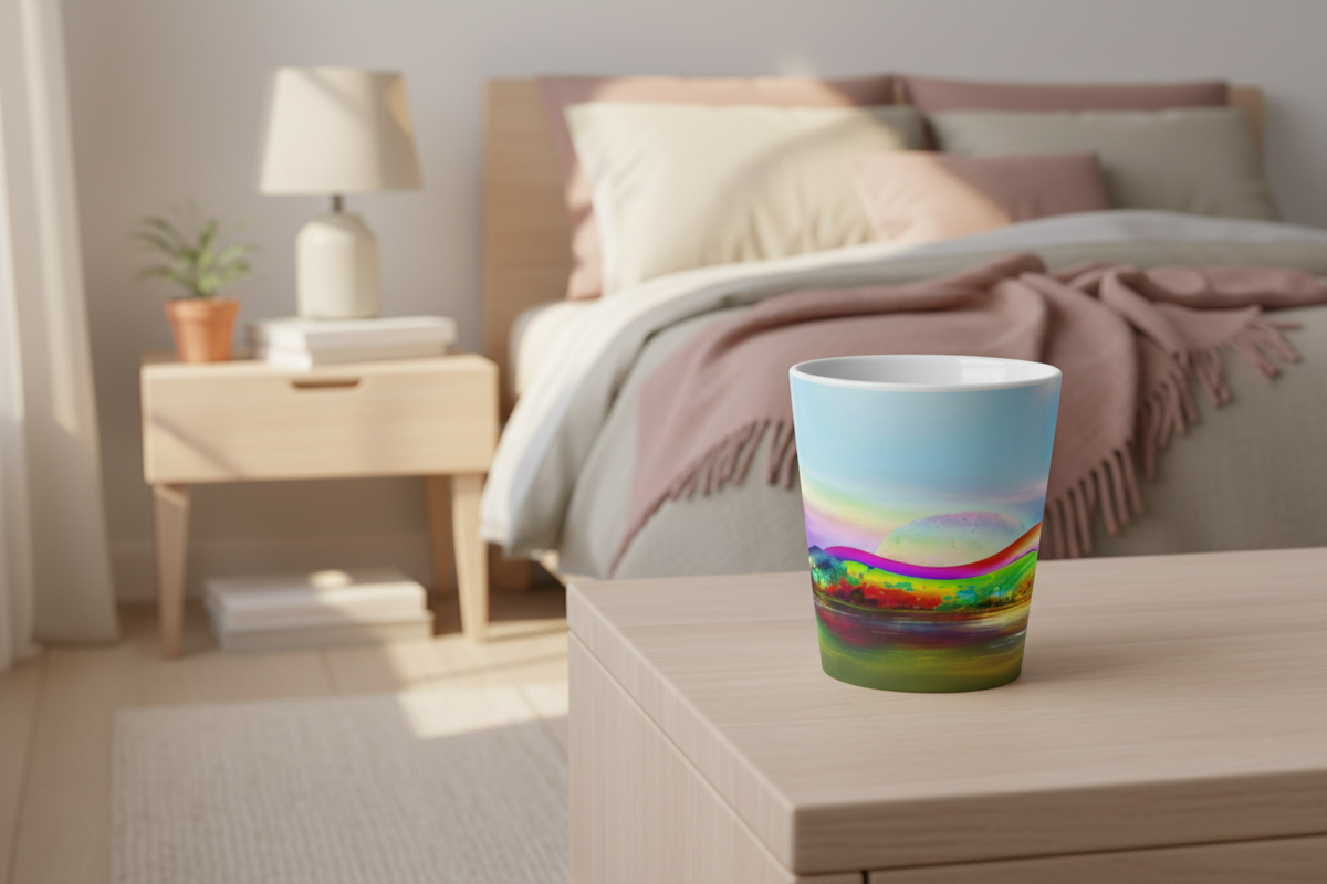 Dream Scape Latte Mug lifestyle – white ceramic cone mug in cosy bedroom setting.