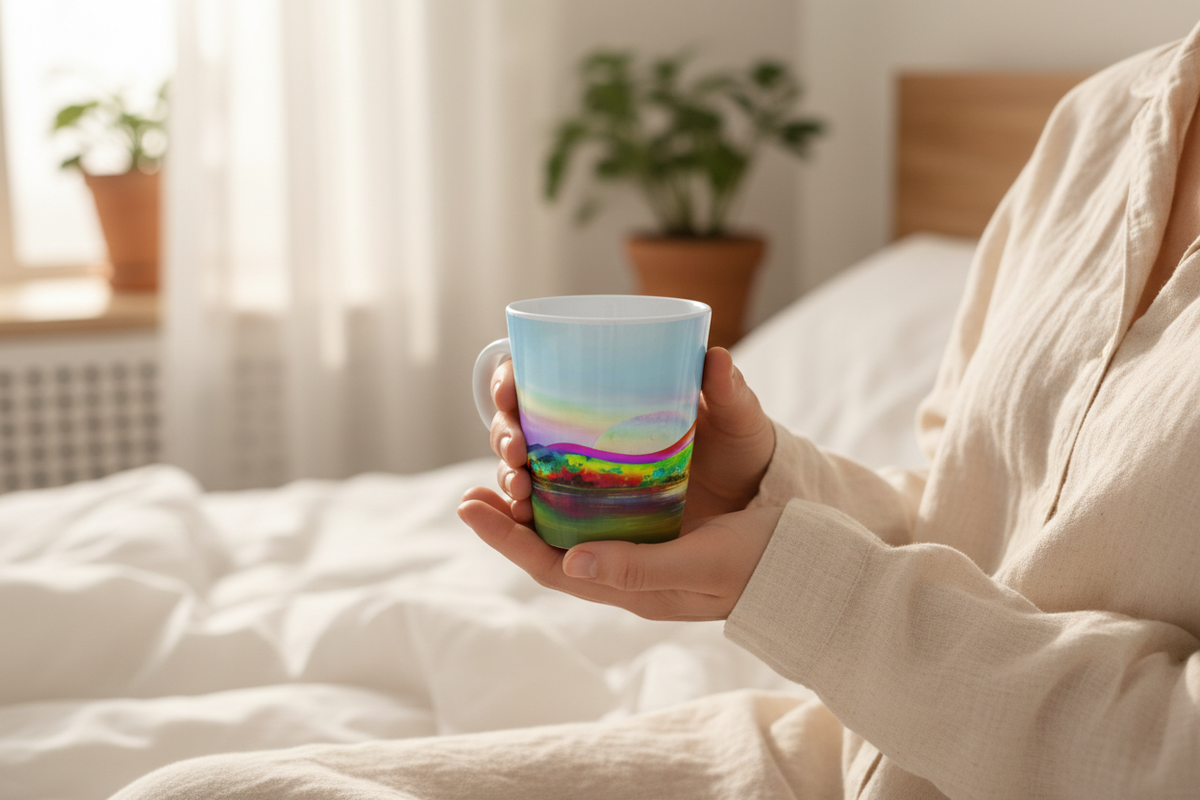 Dream Scape Latte Mug lifestyle – white ceramic cone mug held in hands in warm bedroom setting.