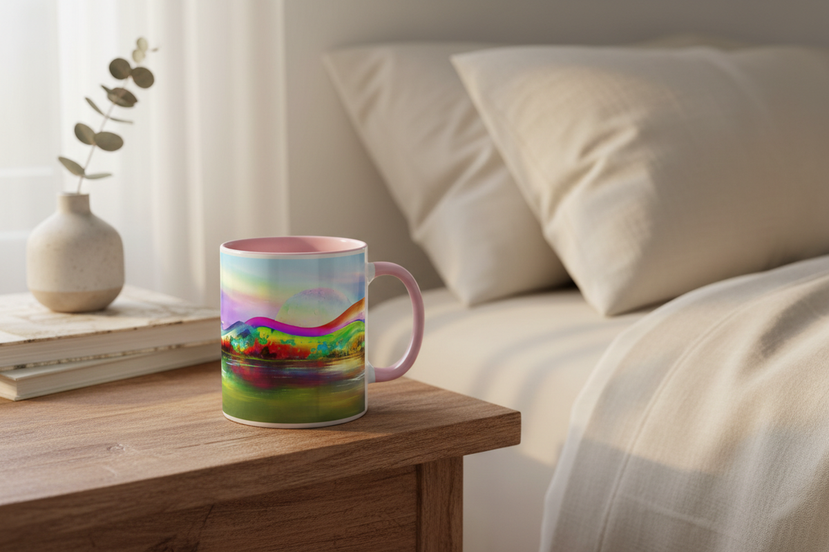 Dream Scape Mug lifestyle – white ceramic mug with pink inside on bedside table in cosy bedroom setting.
