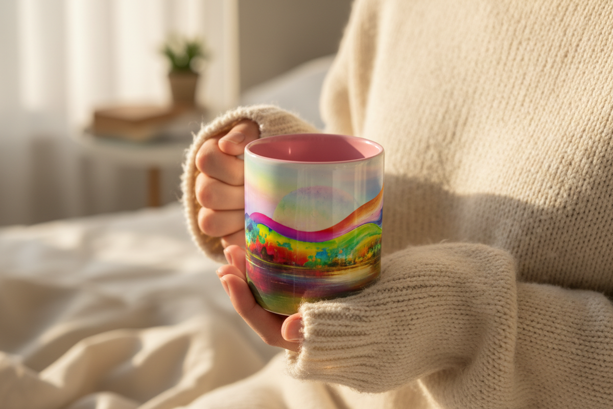 Dream Scape Mug lifestyle – white ceramic mug with pink inside held in hands in warm bedroom setting.