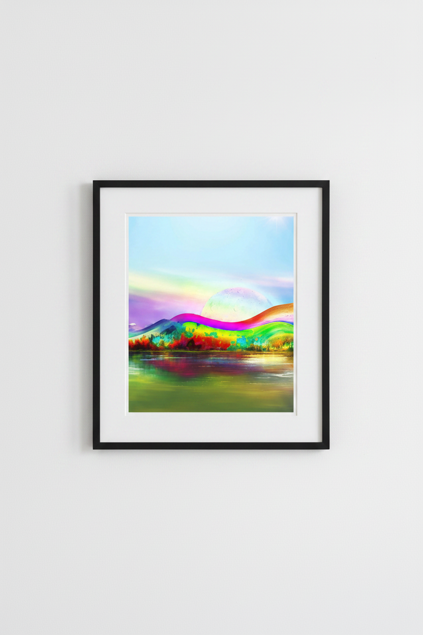 Dreamscape Abstract Art Poster – framed print with colourful rainbow landscape, displayed on a light grey wall.