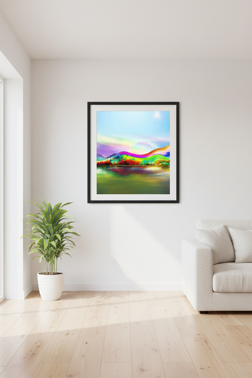 Dreamscape Poster displayed as a framed 24"x 24" inch print - colourful dreamlike landscape artwork in a white frame, product mockup by Abstract Aura.