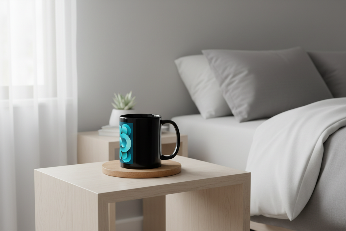 Echoes Black Glossy Mug lifestyle – black ceramic mug on bedside table in bright modern bedroom.