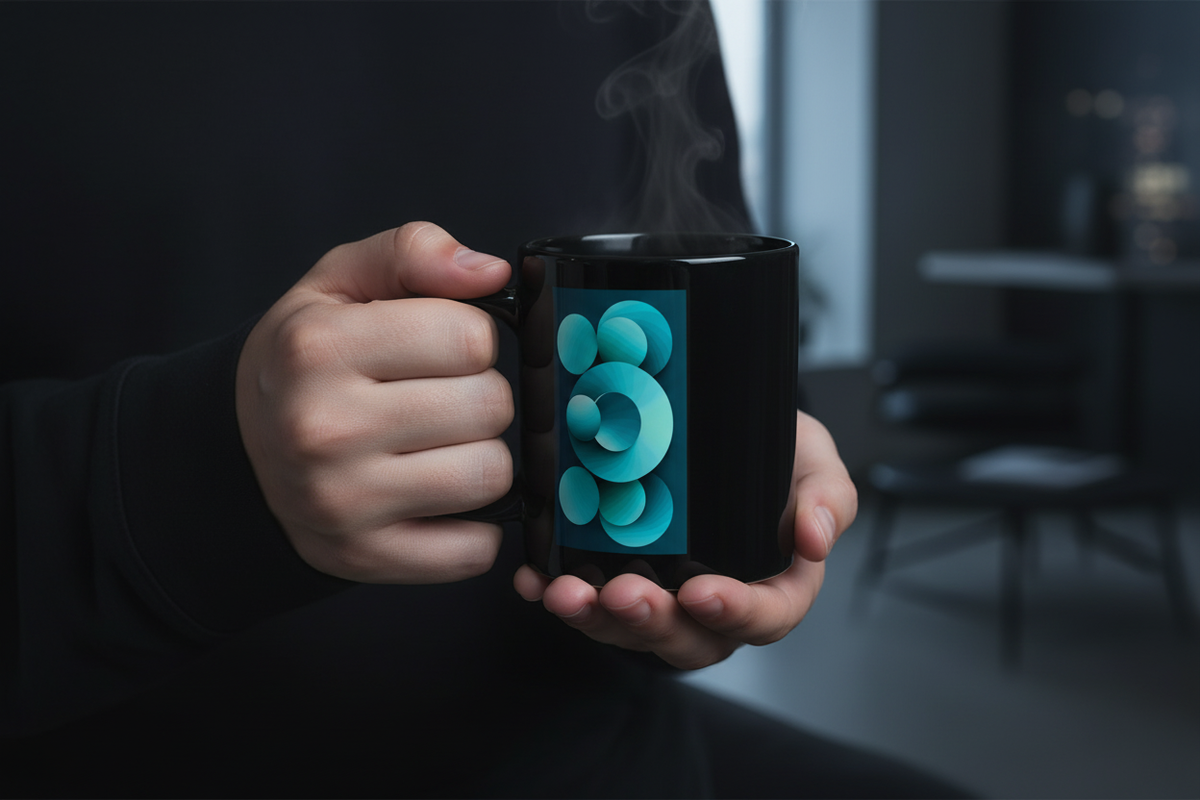 Echoes Black Glossy Mug lifestyle – black ceramic mug held in hands in moody cool-toned setting.