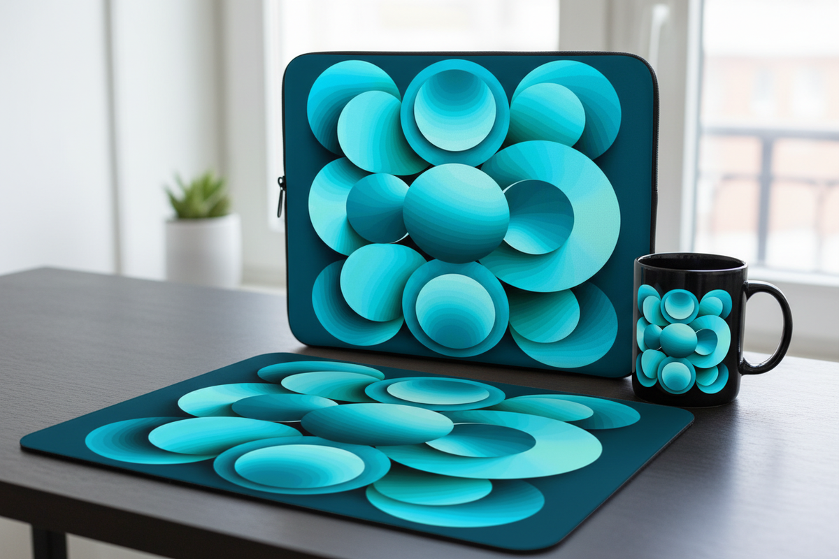 Echoes Desk Trio bundle — mouse pad, laptop sleeve and black glossy mug with matching abstract cyan and teal print by Abstract Aura.
