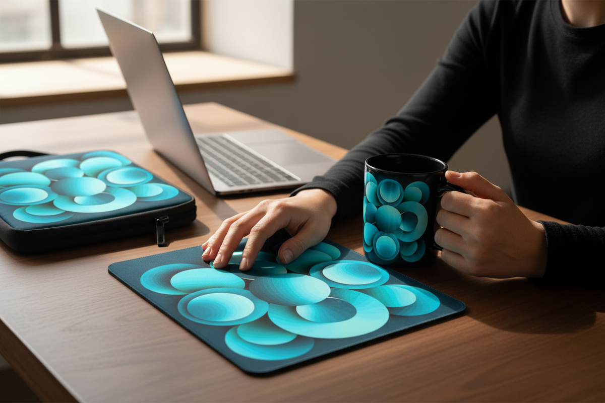 Creative professional using the Echoes Desk Trio — mouse pad, mug and laptop sleeve with matching abstract art print by Abstract Aura.