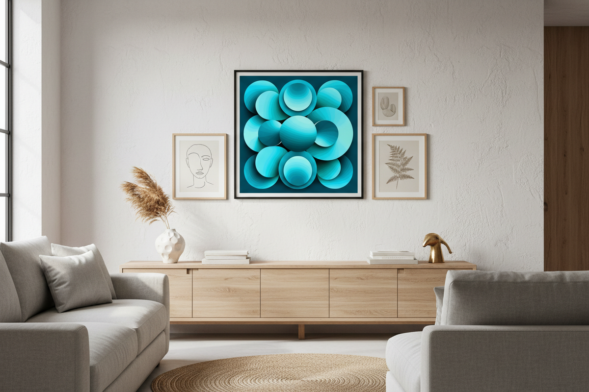 Echoes teal abstract poster as hero piece on a modern gallery wall in a minimalist living room.