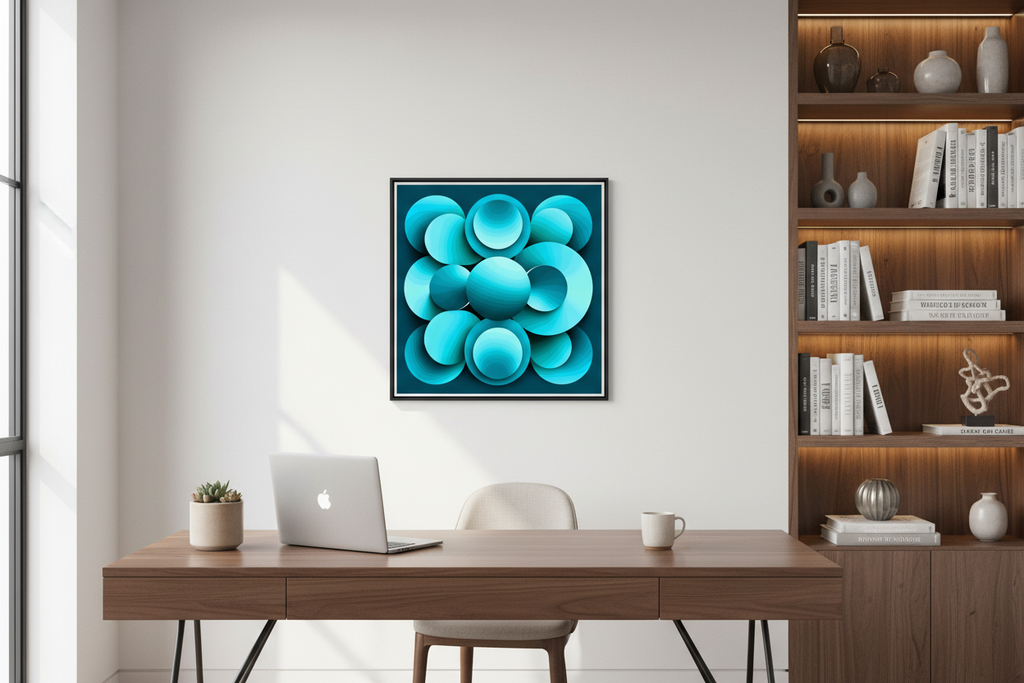 Echoes abstract wall art poster in a black frame above a walnut desk in a modern home office — Abstract Aura.