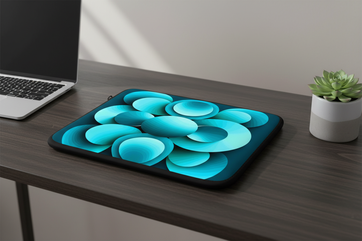 Echoes Laptop Sleeve on a dark wood desk beside a laptop and small plant — abstract cyan and teal 3D sphere print on black neoprene.