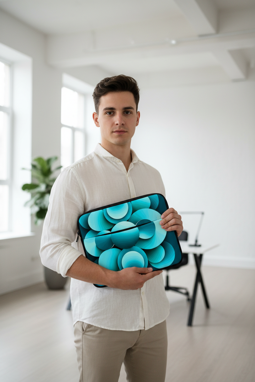 Male model holding the Echoes Laptop Sleeve in a modern studio — bold abstract cyan and teal print on black neoprene laptop case.