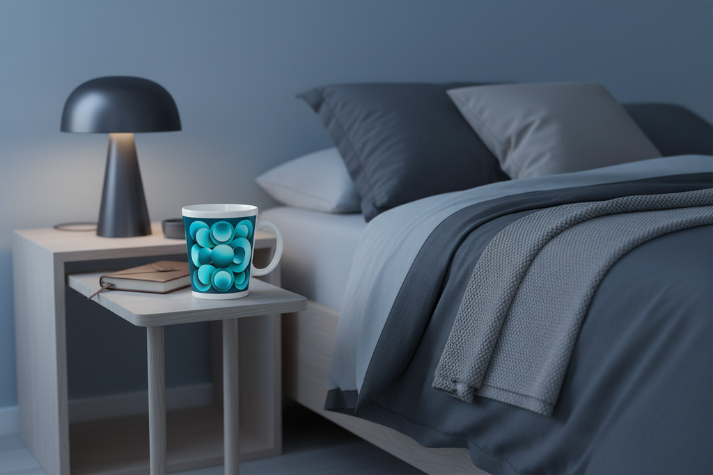 Echoes Latte Mug lifestyle – white ceramic cone mug on bedside table in moody modern bedroom.