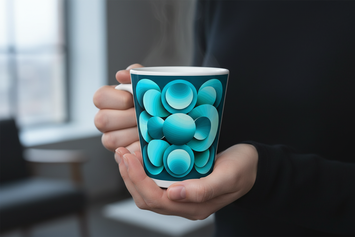 Echoes Latte Mug lifestyle – white ceramic cone mug held in hands in moody cool-toned setting.