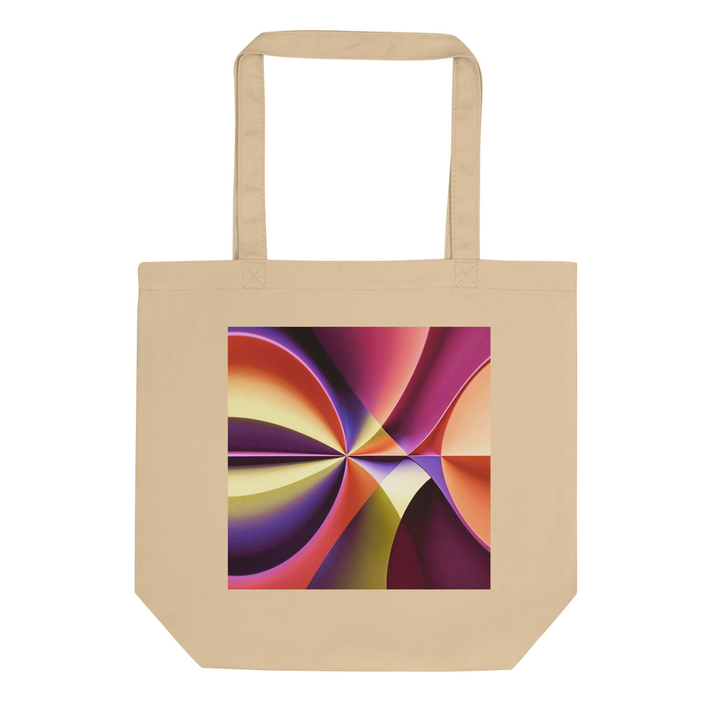 Story of Colour natural cream tote bag with purple, orange and yellow geometric artwork.