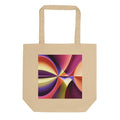 Story of Colour natural cream tote bag with purple, orange and yellow geometric artwork.