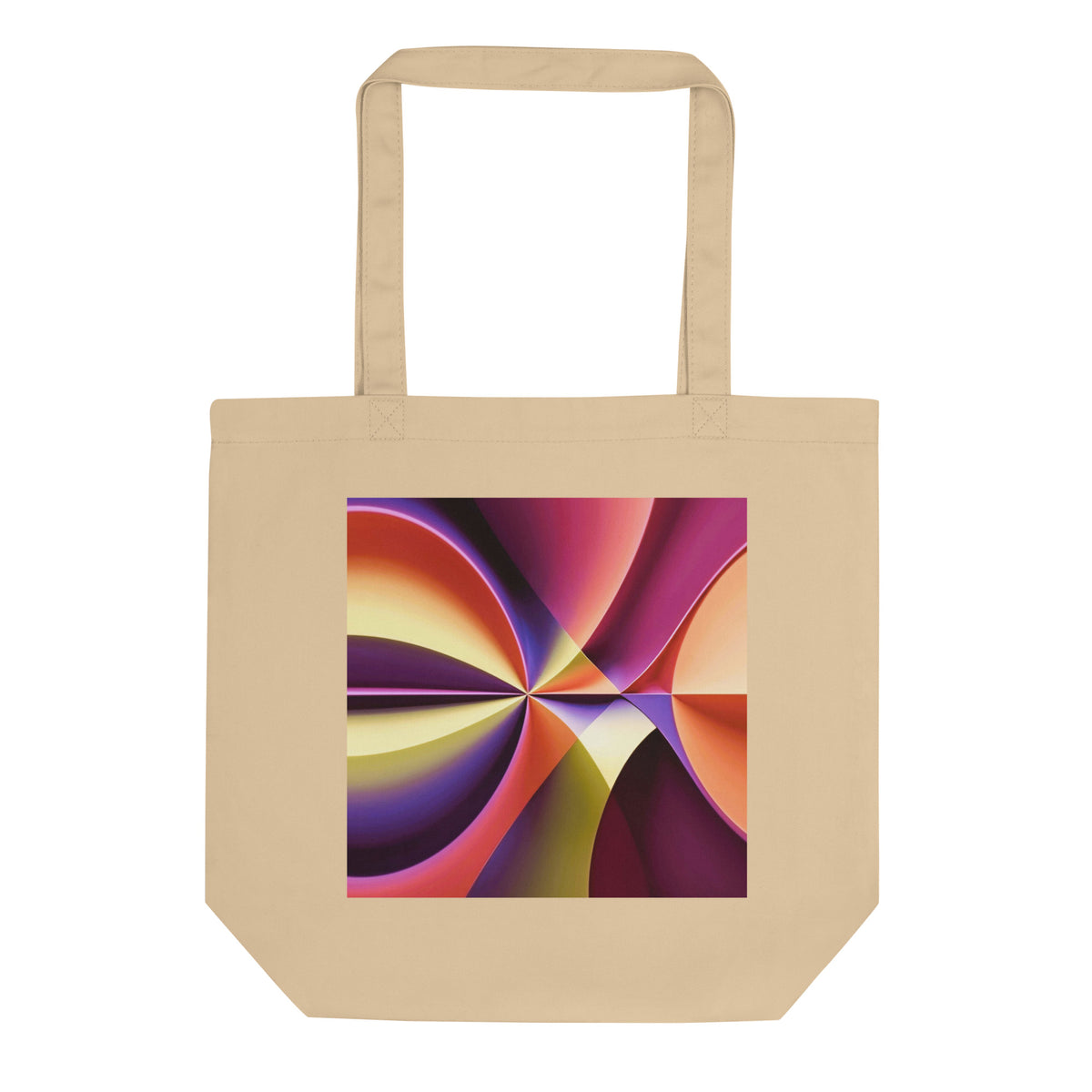 Story of Colour natural cream tote bag with purple, orange and yellow geometric artwork.