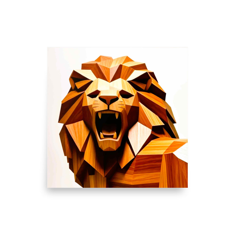 Leo Pride Poster 12×12 inch enhanced matte paper print – geometric low-poly roaring lion artwork in warm wood tones on cream background.