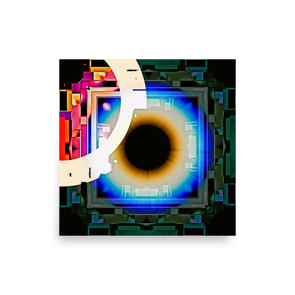 Cyber Eye 16×16 inch enhanced matte paper print – electric blue iris cyberpunk wall art, unframed front view by Abstract Aura.