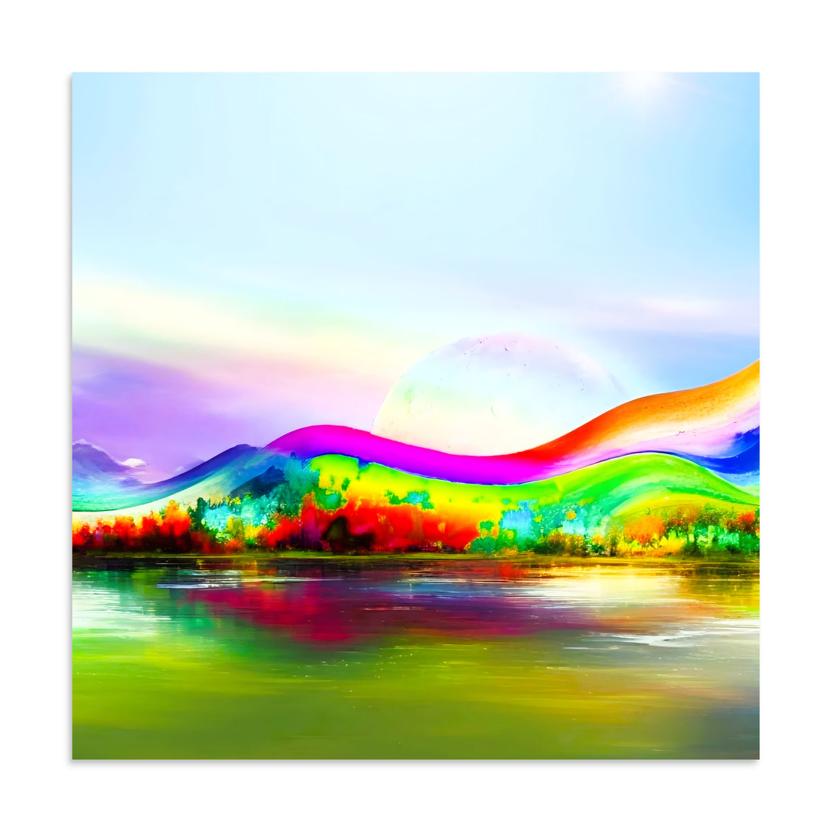 Dreamscape abstract landscape art print — vivid rainbow rolling hills reflected in a still lake under a bright sky, museum quality matte poster by Abstract Aura."