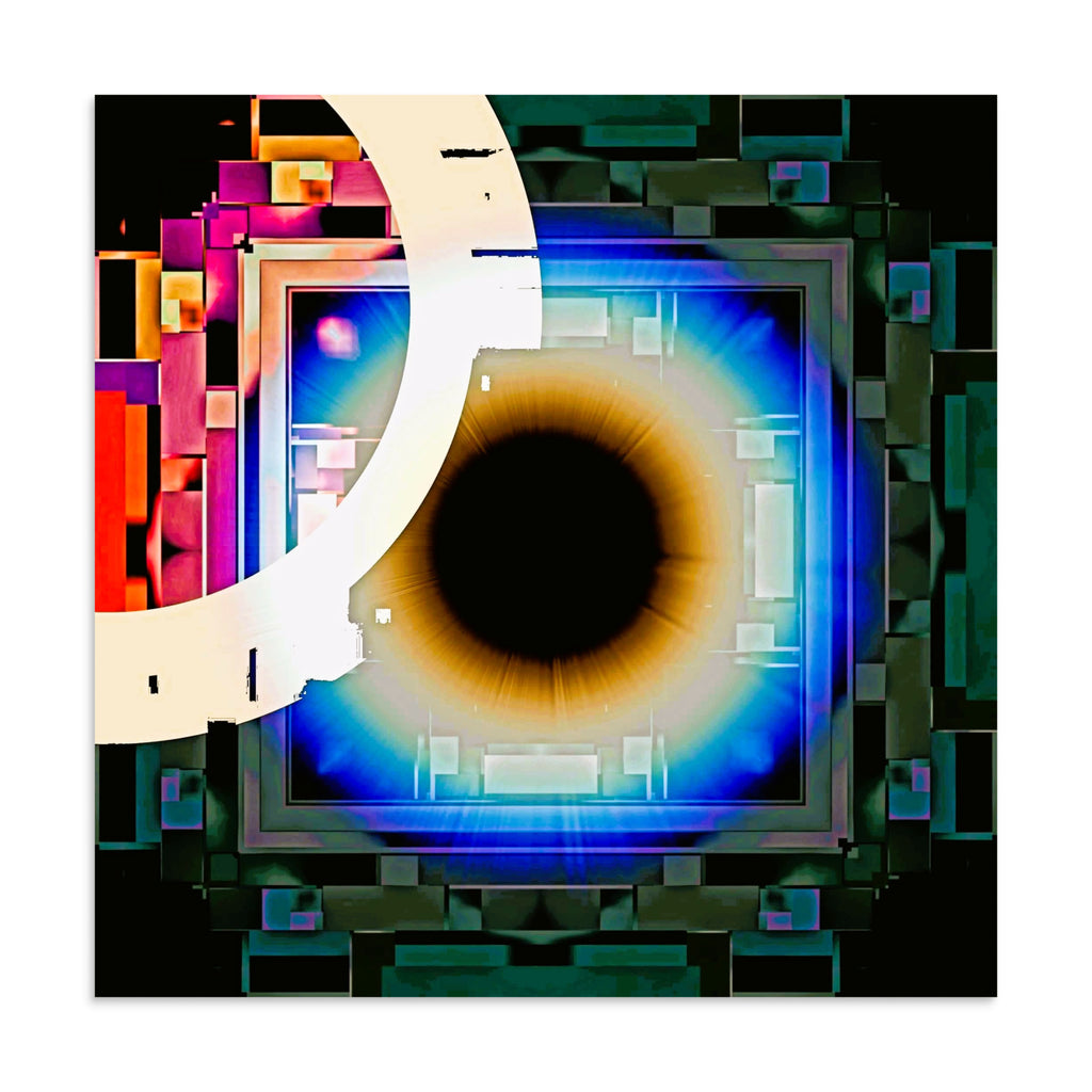 Cyber Eye 24×24 inch enhanced matte paper print – electric blue iris cyberpunk wall art, unframed front view by Abstract Aura.