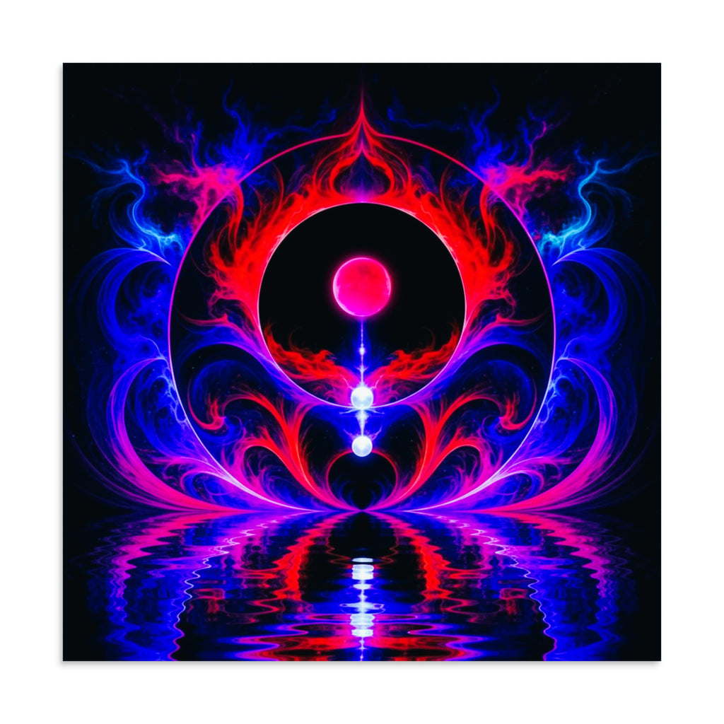 New Frontiers poster – 24×24 framed matte print, front view of neon abstract artwork with crimson flames and magenta orb.