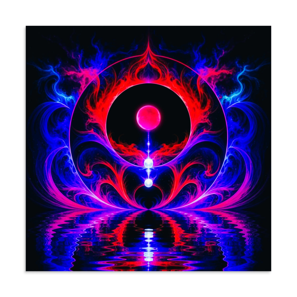 New Frontiers poster – 24×24 framed matte print, front view of neon abstract artwork with crimson flames and magenta orb.