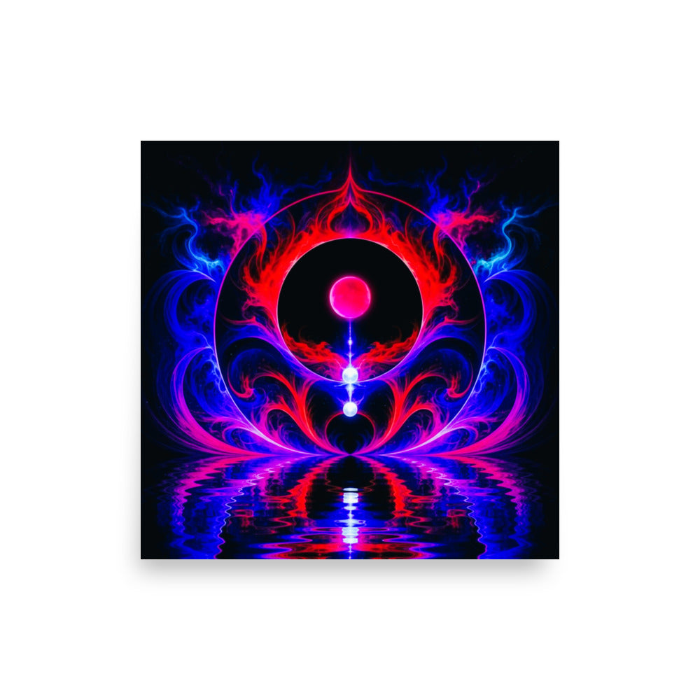 New Frontiers poster – front view of framed matte print, neon abstract art with crimson and electric blue on black.