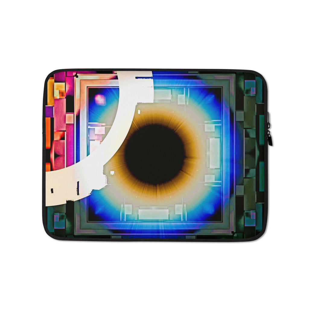 Cyber Eye Laptop Sleeve on a modern desk — abstract art laptop sleeve by Abstract Aura.