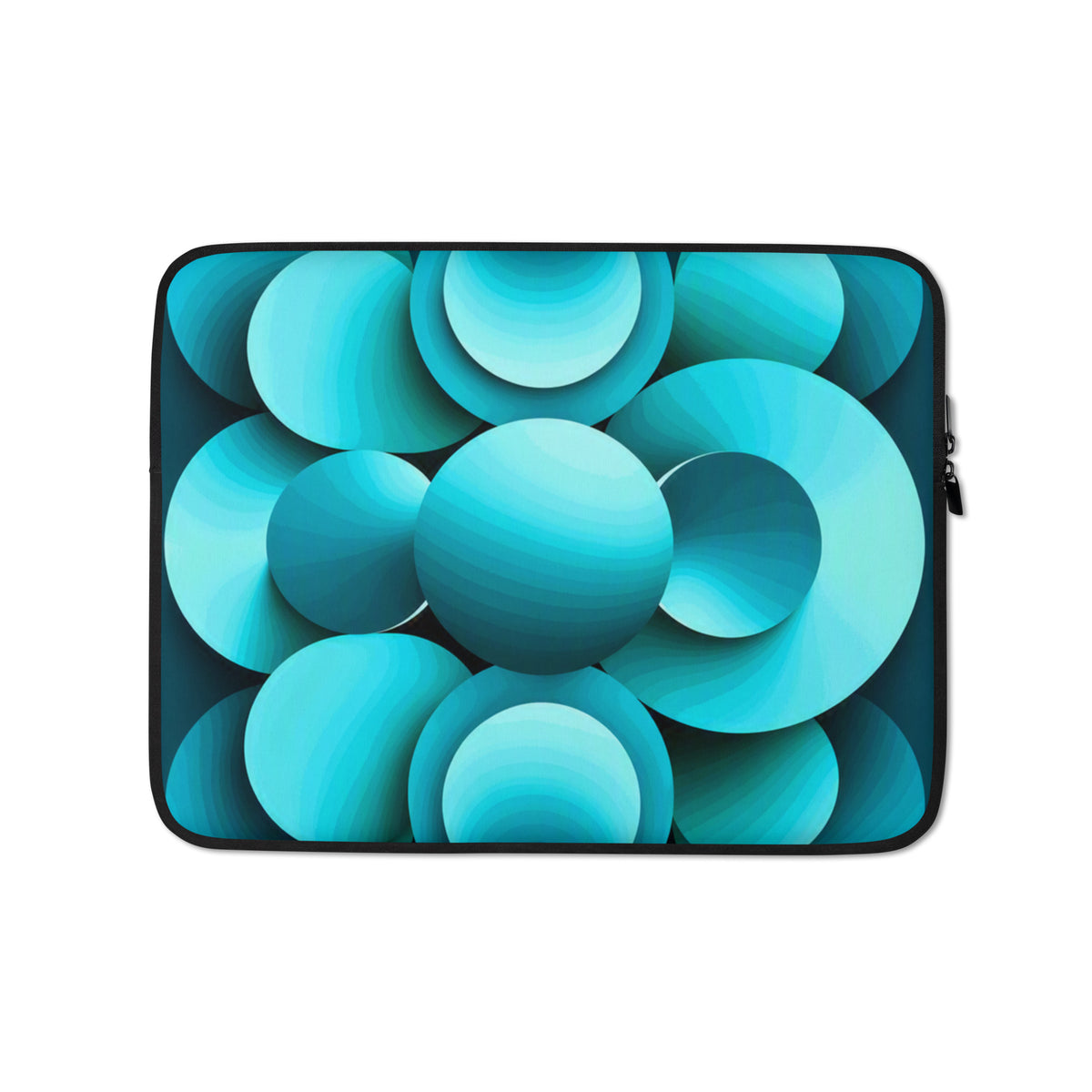 Echoes Laptop Sleeve 13″ front view — abstract 3D geometric print in cyan, blue and teal on black neoprene.