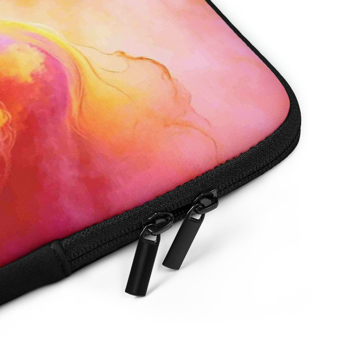 Cosmic Storm Laptop Sleeve — close-up of double zip closure, abstract art print detail.