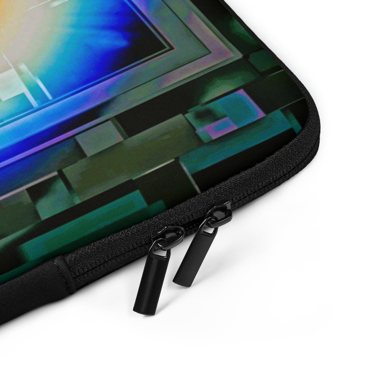 Woman carrying Cyber Eye Laptop Sleeve in an urban setting — abstract art laptop sleeve by Abstract Aura.