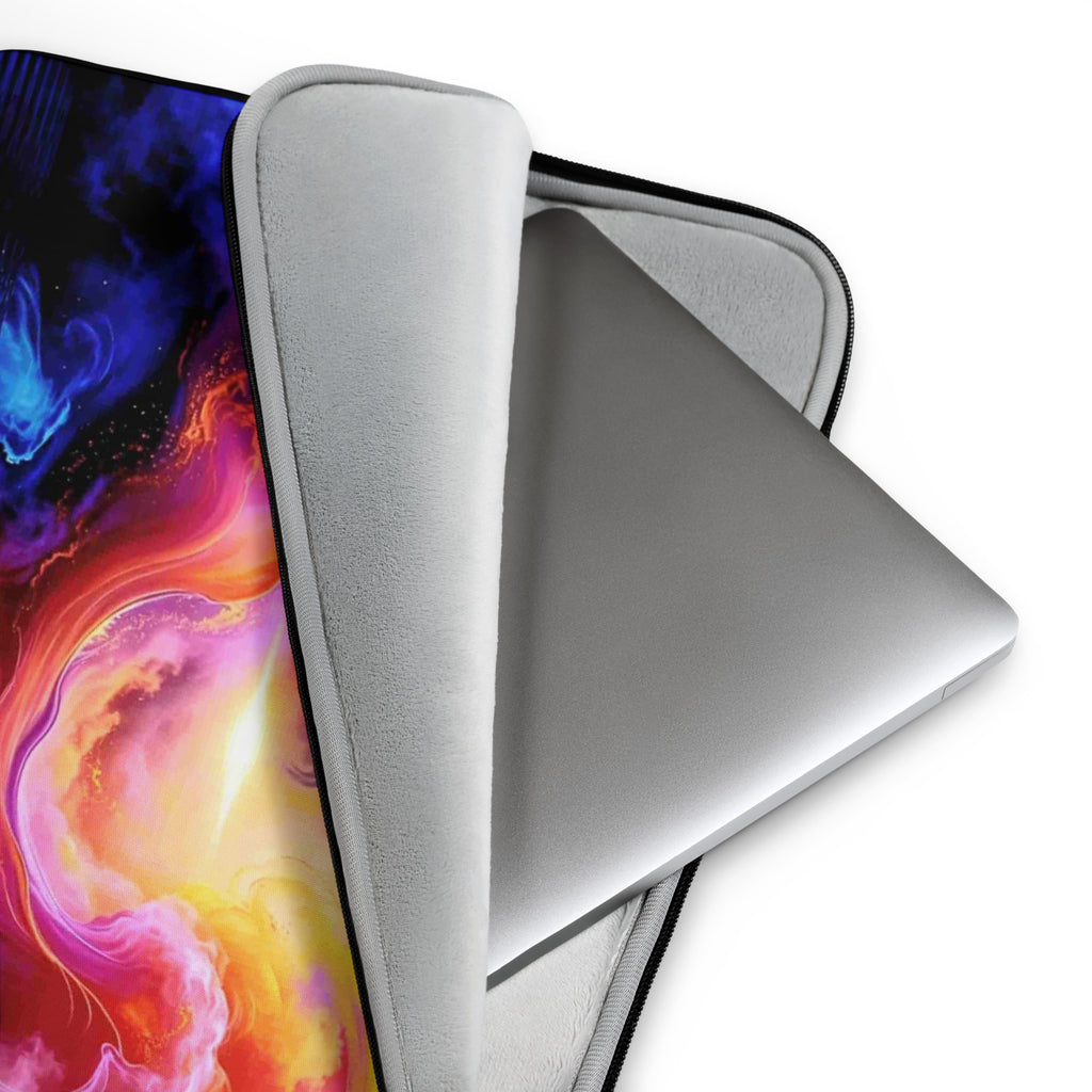 Cosmic Storm Laptop Sleeve — open view showing padded interior with laptop.