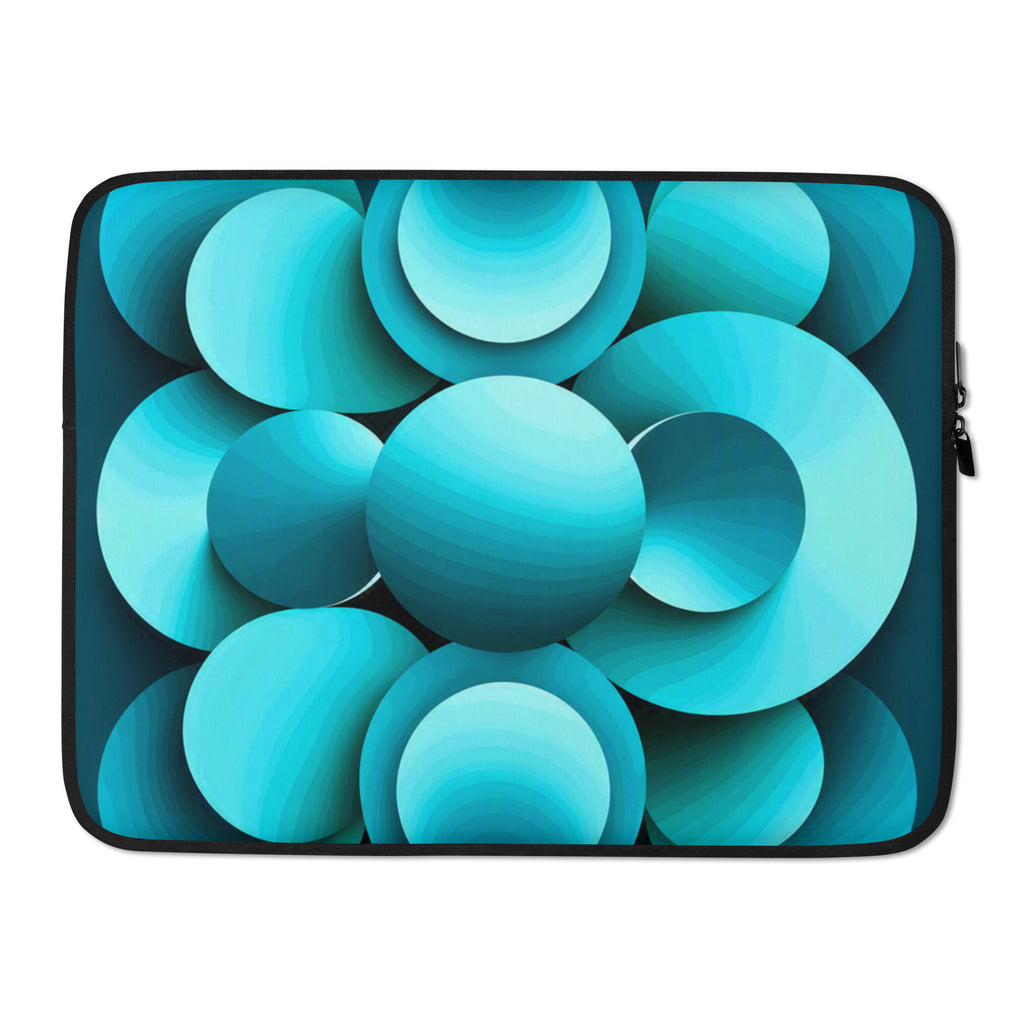 Echoes Laptop Sleeve front view — bold 3D abstract cyan and teal circular print by Abstract Aura.