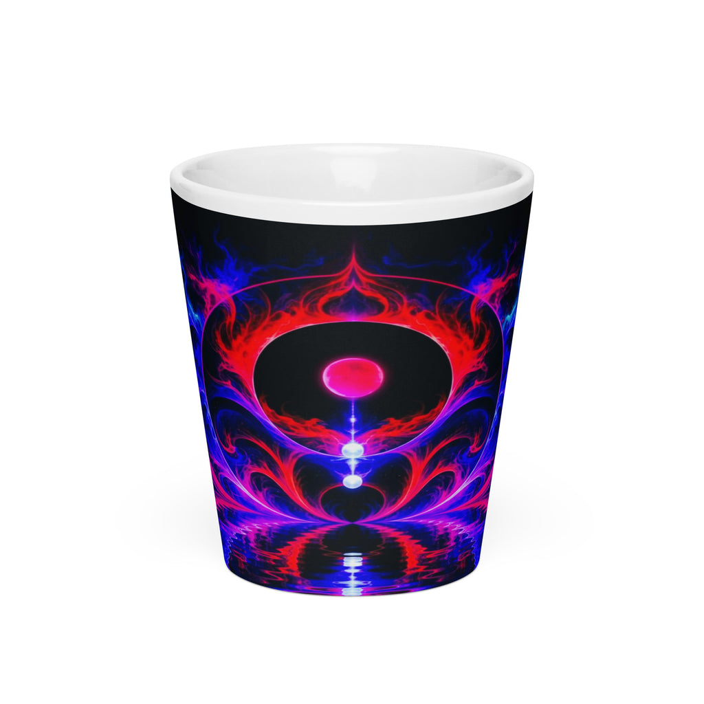 New Frontiers Latte Mug – white ceramic cone mug, front view, neon abstract art with crimson flames and electric blue.