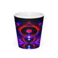 New Frontiers Latte Mug – white ceramic cone mug, front view, neon abstract art with crimson flames and electric blue.