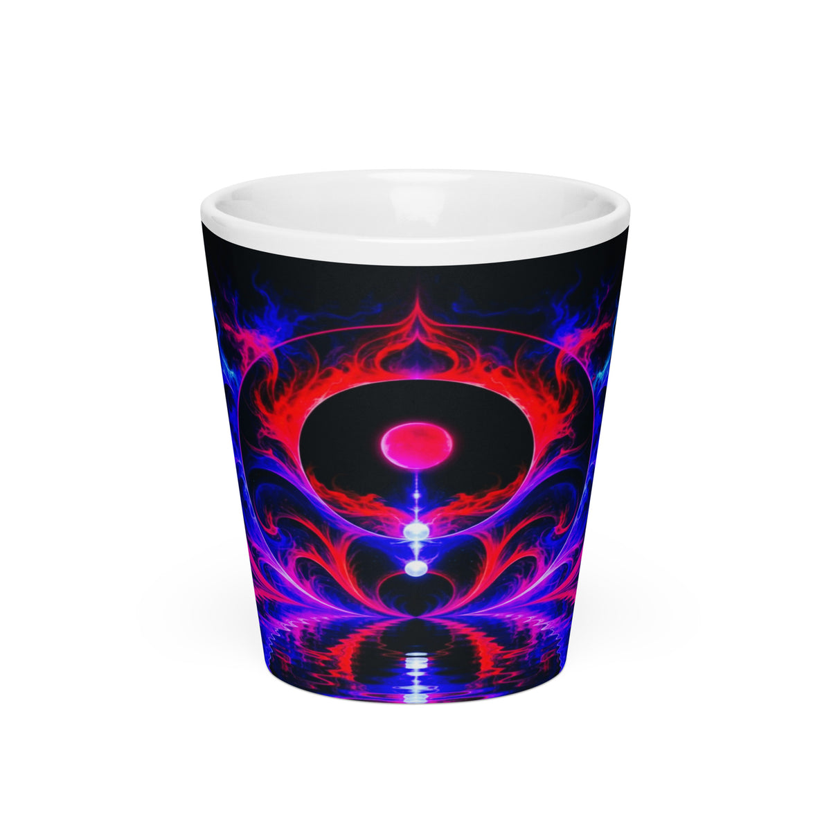 New Frontiers Latte Mug – white ceramic cone mug, front view, neon abstract art with crimson flames and electric blue.