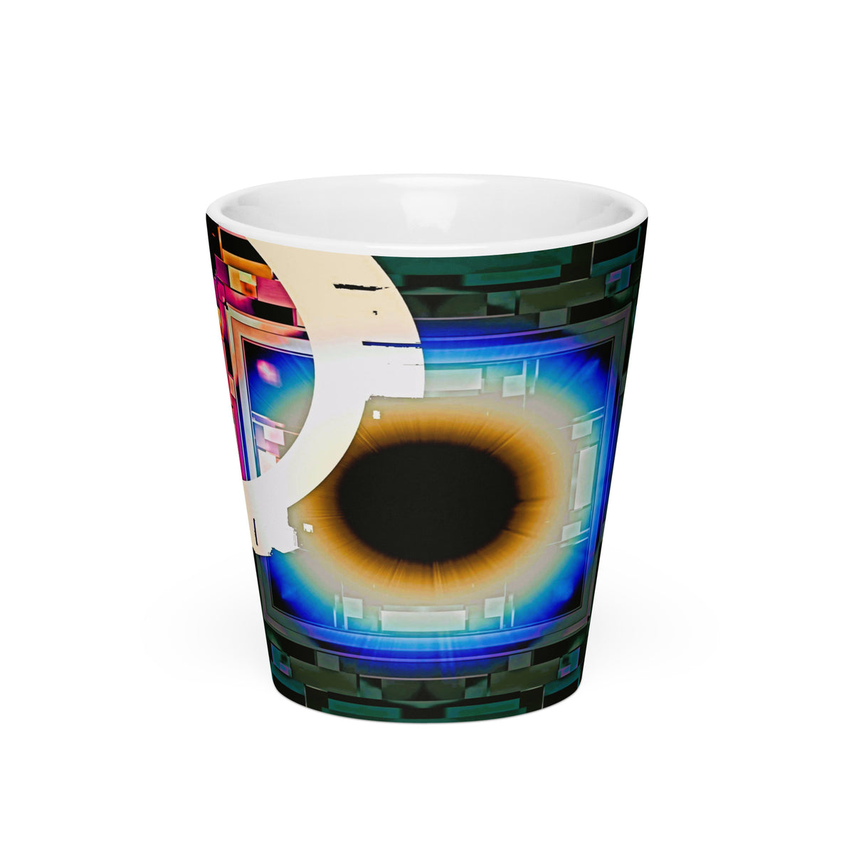 Cyber Eye Latte Mug – white ceramic cone mug, front view, cyberpunk abstract art with electric-blue iris.