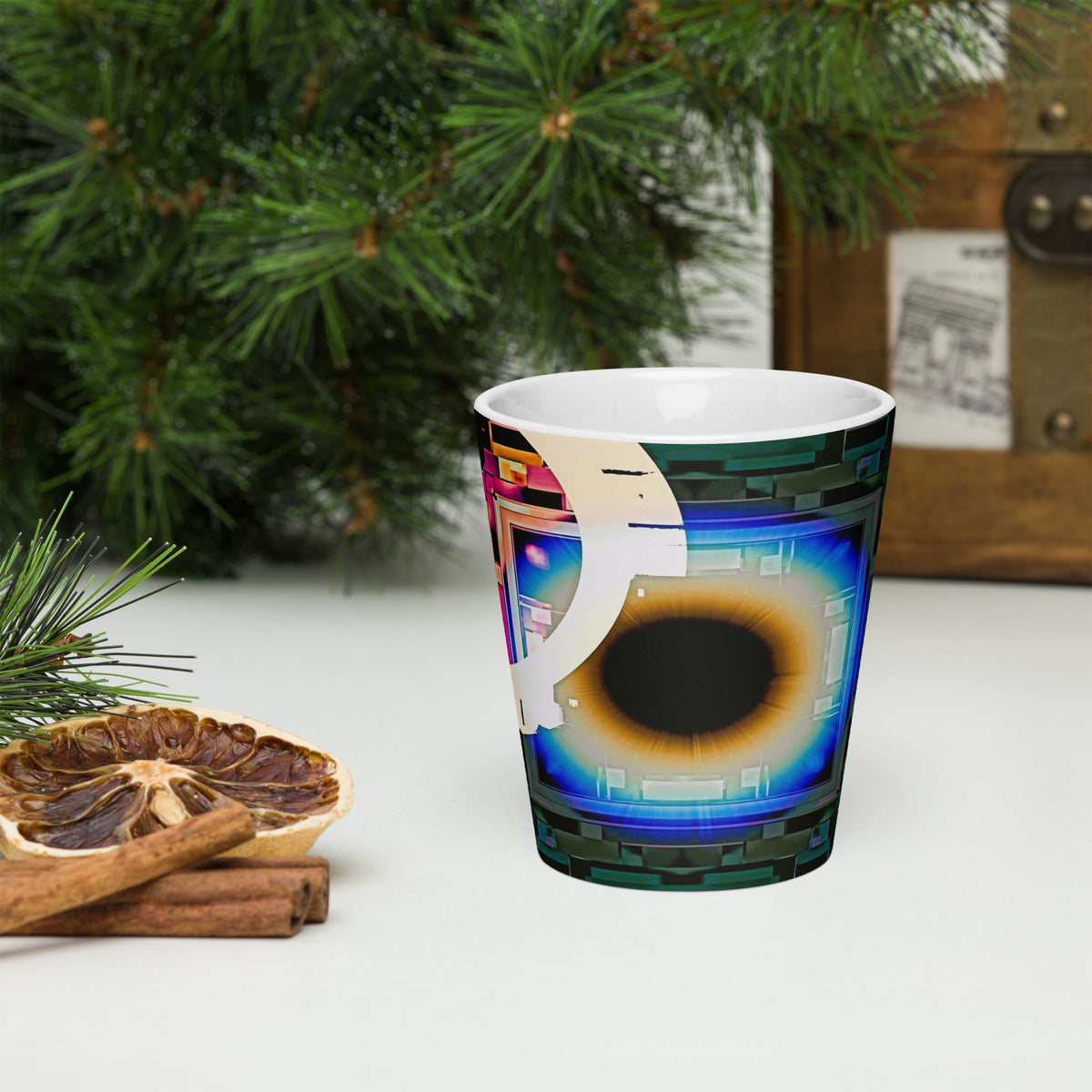 Cyber Eye Latte Mug – white ceramic cone mug, front angle view, cyberpunk abstract art with electric-blue iris.
